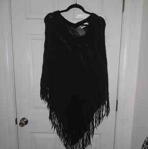 Newport News Black Fringe Knit Poncho